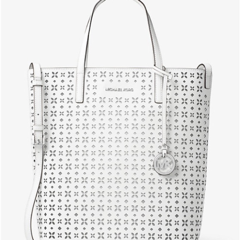 Michael Kors White Perforated Leather Tote with MK Charm